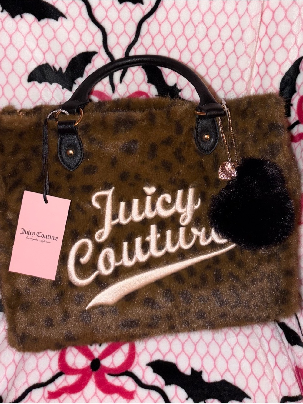 Juicy Couture Brown Faux Fur Tote with Black Pom Charm